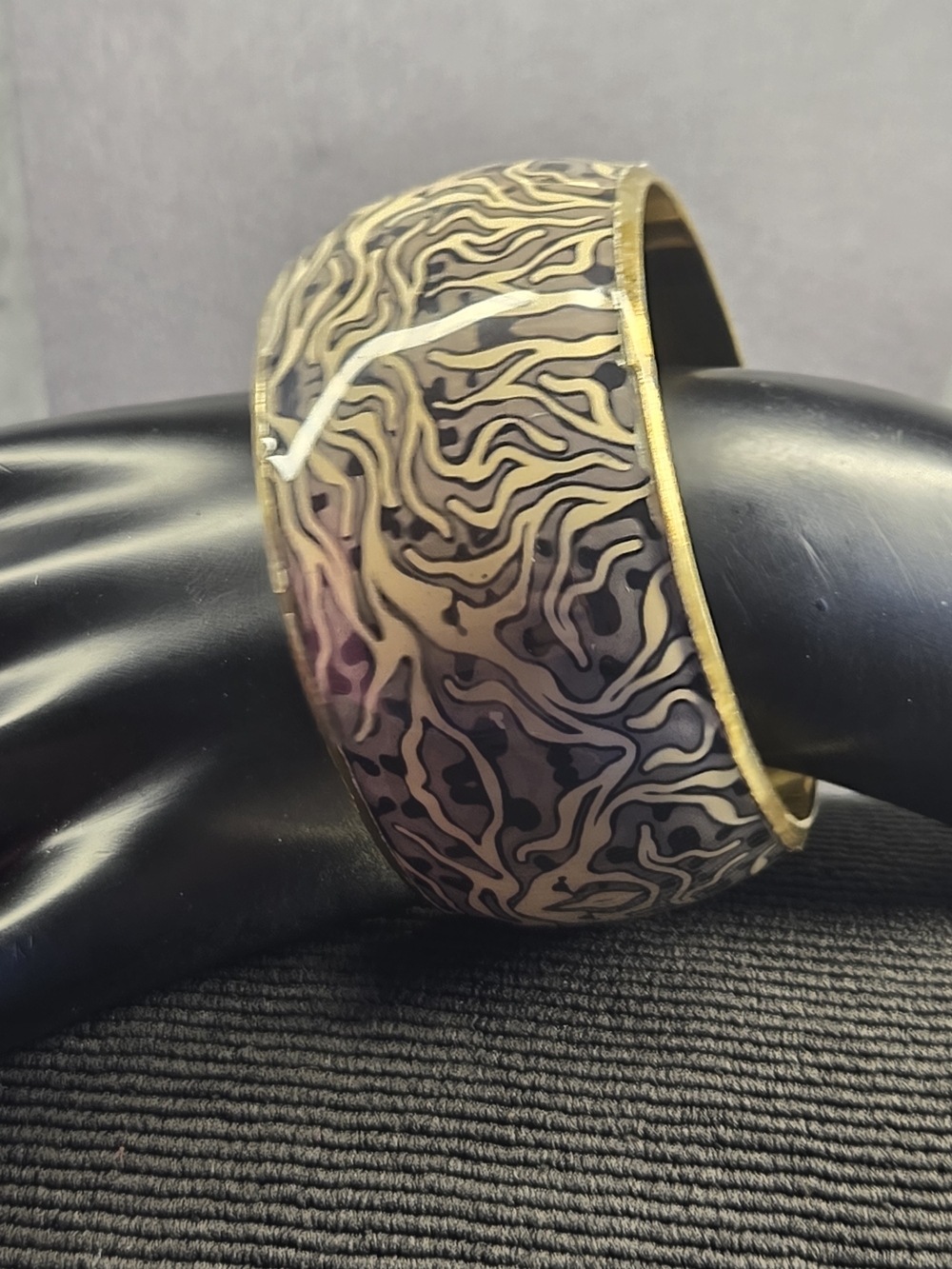 Wide Patterned Gold Bangle Bracelet in Black And Cream